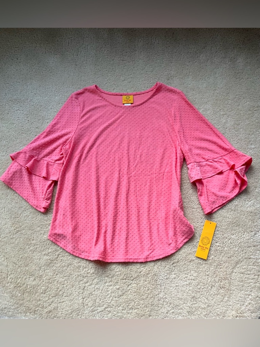 NWT Ruby Rd. Women's Guava Pink Swiss Dot Peasant Top - L Petite - Poly/Rayon